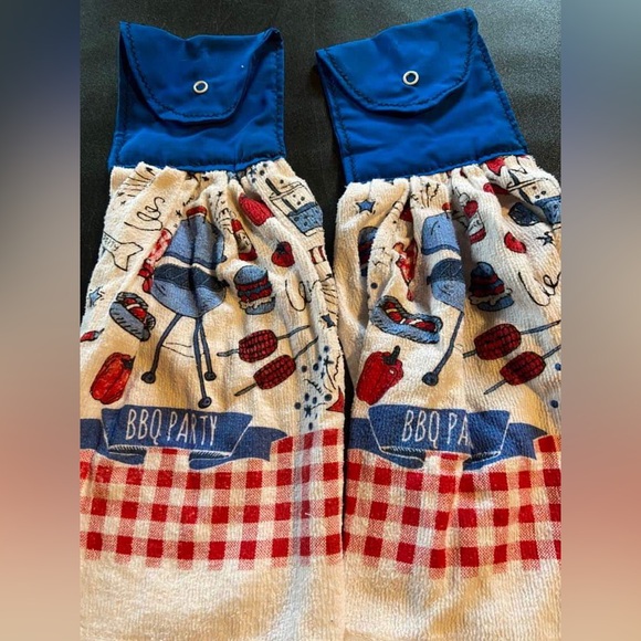 BBQ Party Red White Blue Kitchen Hanging Dish Towel, Set of 2 - Picture 2 of 2